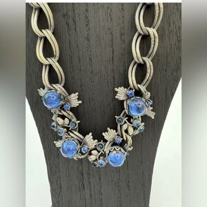 Schiaparelli Glass Star Sapphire Pine Cone Gunmetal Demi Parure necklace